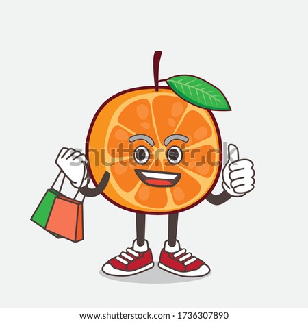 An illustration of Orange Fruit cartoon mascot character waving and holding Shopping bags
