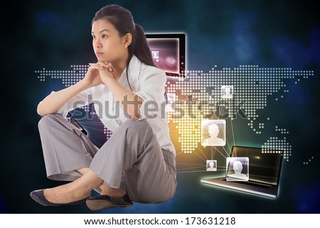 Thinking businesswoman sitting with hands together against global connection background