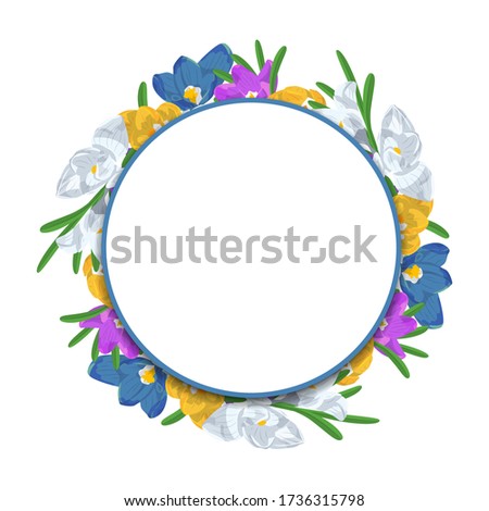 Round banner decorated with hand drawn colorful crocus flowers. Isolated on white background.