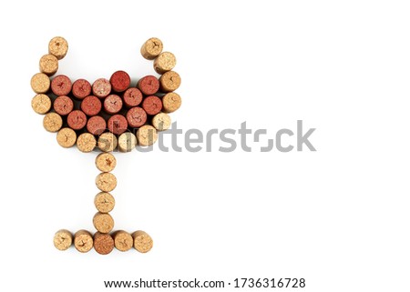 Wine corks shaped glasses. Print illustration for restaurant decor. Top view with copy space white background isolated
