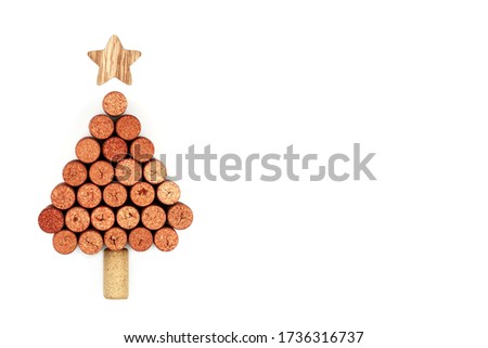 Wine corks shaped Christmas tree. Print illustration for restaurant decor. Top view with copy space white background isolated
