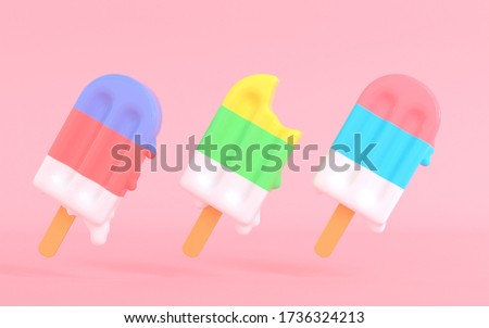 Set of three various colorful popsicles melting on pastel pink backdrop. Bright background of fresh, sweet, juicy ice creams with bitten one. Creative idea of summer concept. Stock 3d rendering