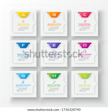 Business infographics template 9 steps with square,Element for design invitations,Vector illustration.