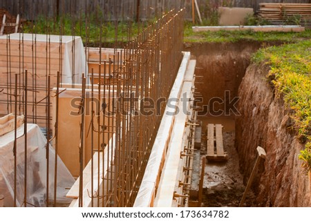 formwork for the concrete foundation, building site, horizontal, outdoors Royalty-Free Stock Photo #173634782