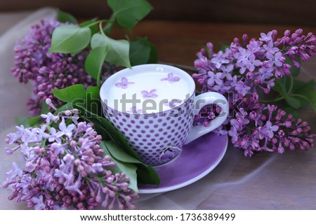 spring still lifes with lilac flowers Royalty-Free Stock Photo #1736389499
