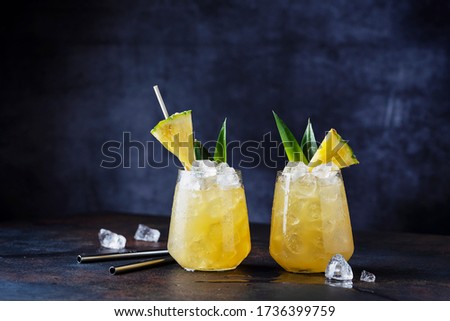 Summer cocktail and bar concept. Fresh alcoholic cocktail with pineapple and ice. Selective focus image with copy space Royalty-Free Stock Photo #1736399759