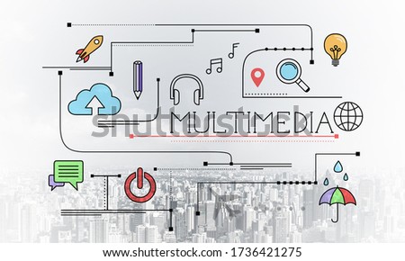 Multimedia content linear sketch on background of modern cityscape. Strategy planning and analysis. Mind map of online media streaming and production. Commercial marketing and business presentation.