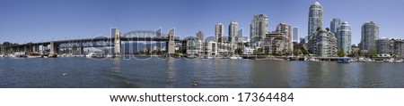 A panorama of Vancouver's Burrard Street Bridge and False Creek.