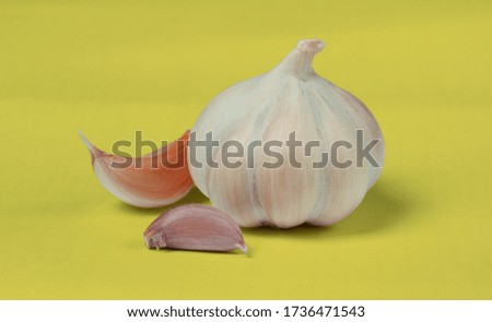 Garlic cloves and has garlic heads isolate on a yellow background, close up, and have a fragrant spice.