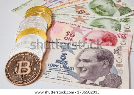 close up cryptocurrency coins on banknotes background