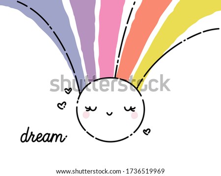 Creative vector illustration of smiling sun with rainbow. Childish design for cute greeting card or funny poster