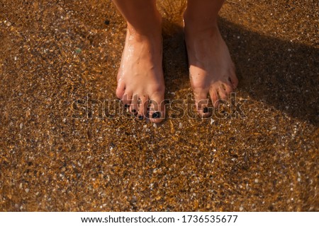 female feet in the sand on the beach. A gorgeous model walks in the sand at the beach on a beautiful day. Female legs in the sand. Human foot. Sea. Advertising