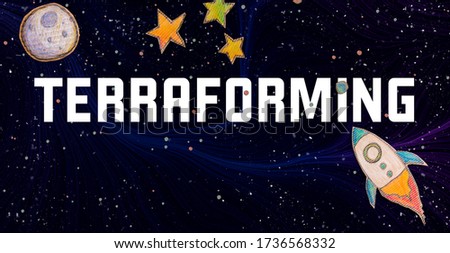 Terraforming theme with space background with a rocket, moon, and stars Royalty-Free Stock Photo #1736568332
