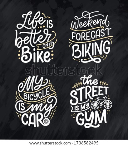 Set woth lettering slogans about bicycle for poster, print and t shirt design. Save nature quotes. Vector vintage illustration