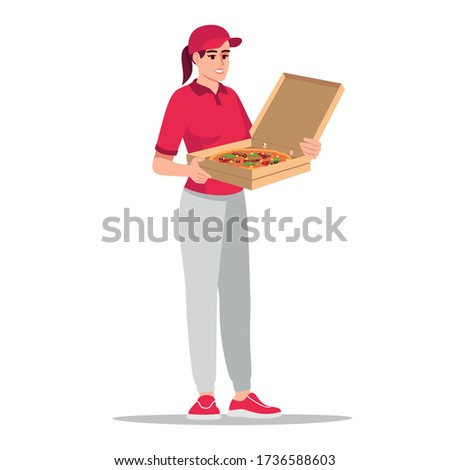 Female courier in red shirt holding pizza semi flat RGB color vector illustration. Fast food delivery. Caucasian employee. Delivery worker isolated cartoon character on white background