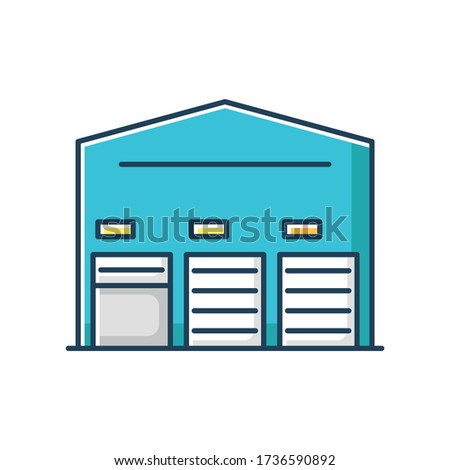 Self storage unit front RGB color icon. Industrial building entrance. Open and closed roller doors on warehouse entrance. Storing facility for cargo protection. Isolated vector illustration