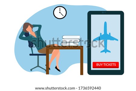 Application for buying plane tickets online.  The woman in the office is tired and wants a vacation. Flat vector isolated illustration