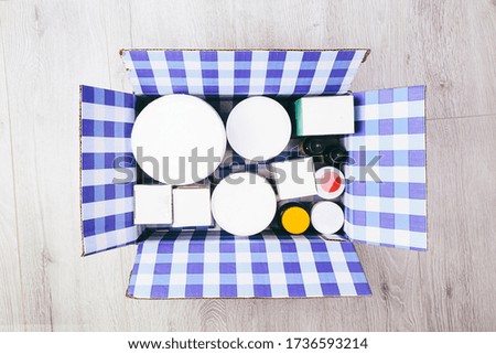 High Angle View Of A Delivered Parcel with goods. Express delivery.