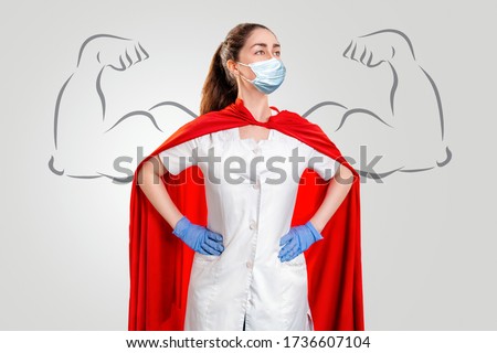 A doctor or nurse in a surgical face mask, gloves, and a superhero Cape. Medical personnel during a coronavirus outbreak. Drawn strong hands. Super hero power for clinic and hospital personal