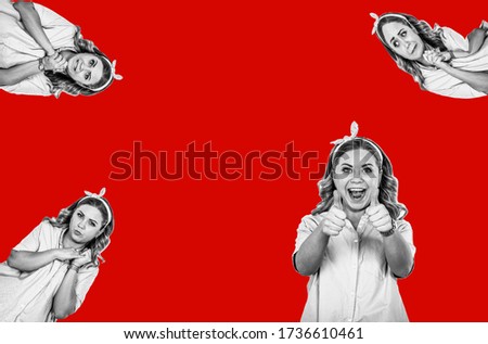 Collage of different emotions of one young girl. Black and white portrait of a surprised girl on a bright background. Funny girl shows thumbs up