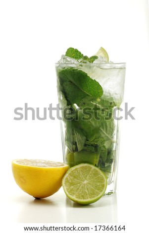 Refreshment Alcoholic Drink made of White Rum, Sugar, Lime, Carbonated Water and Mint. Lime and Lemon Garnish. Isolated on White Background.