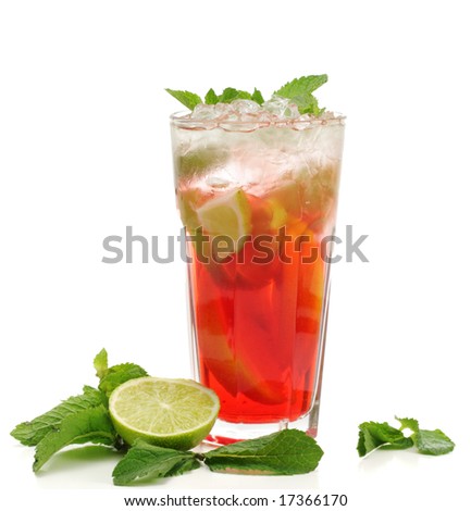 Refreshment Soft Drink made of Black Tea, Orange, Grenadine Syrup, Lime and Mint. Isolated on White Background.