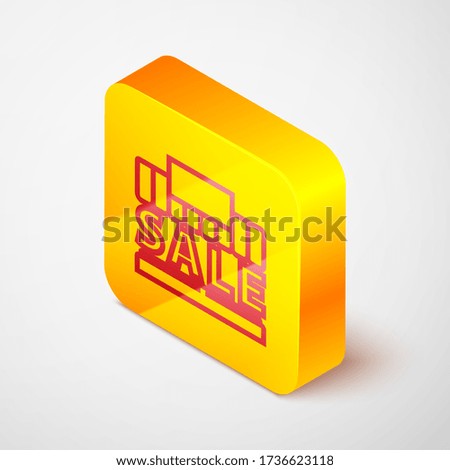 Isometric line Shopping building or market store icon isolated on grey background. Supermarket sale concept. Yellow square button. Vector Illustration