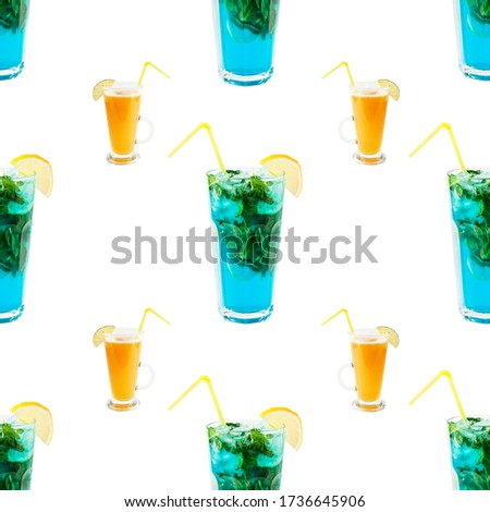Seamless pattern with tropical alcohol cocktails. Beverages and drinks bar, restaurant, isolated white background.