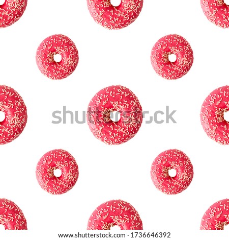 minimal seamless pattern with pink glaze donuts. Modern summer Doughnuts background. Repeat sunlight backdrop
