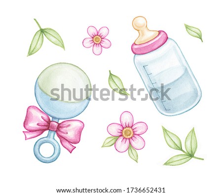 Beanbag and bottle in pink color for a newborn baby girl. Watercolor cute set of elements isolated on a white background.