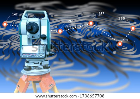 Cartography. Surveyor. Topographic map and theodolite. Work of the cartographer. Topography and cartography. Contour illustration of the landscape. Mapping. Study of terrain. Royalty-Free Stock Photo #1736657708