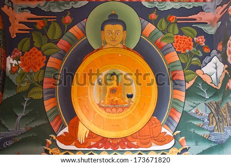 Mural painting with Lord Buddha inside the Gangtey Goemba Monastery in Phobjikha Valley in Central Bhutan - Asia