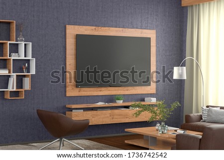 TV screen on the blue concrete wall  with wooden plate above the cabinet in modern living room with couch, armchair, coffee table, bookshelf, curtain. Clipping path around screen. 3d illustration