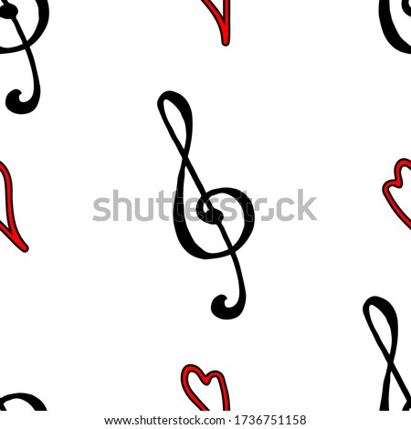 Black red treble clef heart love music line art seamless pattern vector