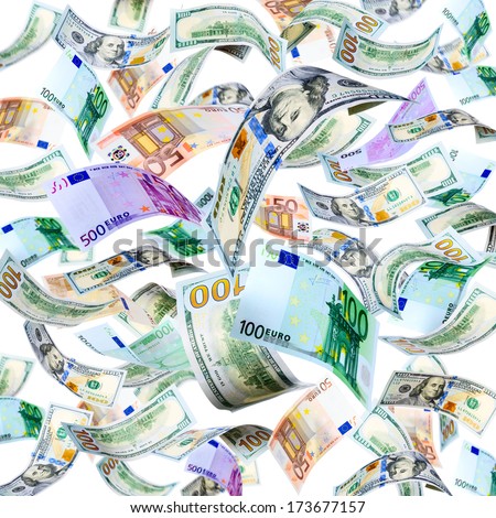 Euro and Dollar banknotes falling and spinning isolated on white