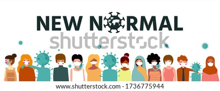 New normal lifestyle concept,After Corona virus outbreak,New normal lettering and world map on purple background,people wearing medical mask,Cute character,Pink cheek,vector illustration for graphic