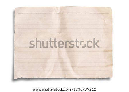 Sheet of lined paper, vintage retro and old style on white background with clipping path,                                
