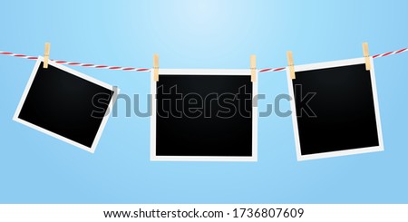 Pictures framed on a rope. Vector image of clothespins photos. Stock template.
