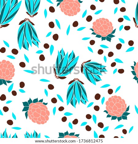 Pink berries and blue blossoms on a white background. Vector seamless pattern. Design for cloth, print, wrapping.