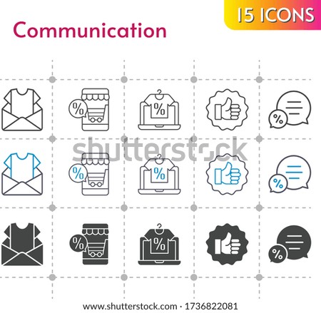 communication icon set. included newsletter, online shop, like, chat icons on white background. linear, bicolor, filled styles.