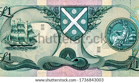 Sailing ship and medallion of Pallas seated, Portrait from Scotland 1 Pound 1976 Banknotes. 