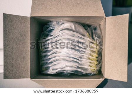 COVID-19 mask box of new N95 masks open PPE medical supplies for healthcare workers at hospital working in coronavirus pandemic. Royalty-Free Stock Photo #1736880959