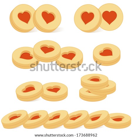Tea cookies groups with heart of red marmalade on white