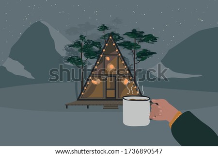Cozy illustration hand with cup of tea. Tiny house in the woods