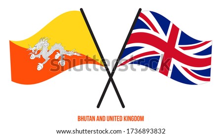 Bhutan and United Kingdom Flags Crossed And Waving Flat Style. Official Proportion. Correct Colors.