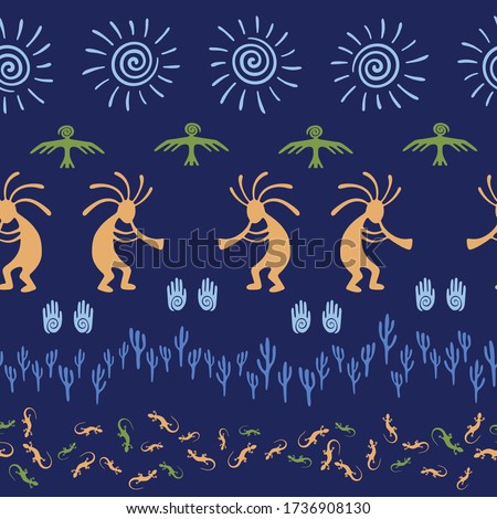 Ancient aztec or mayan american vector ethnic tribal motifs seamless pattern. Mythical design with trickster god, swirl icons on human palm, sun, eagle. American indian aboriginal textile print.