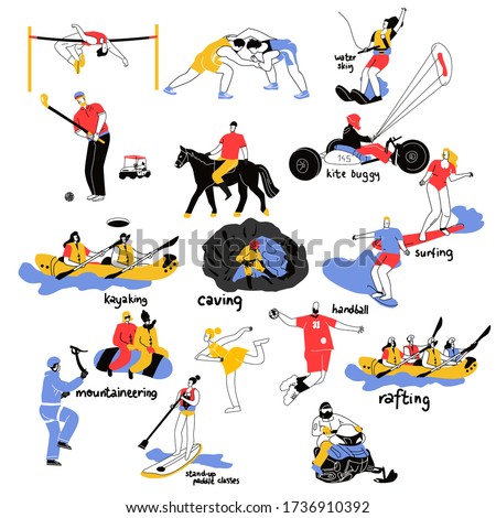 set of people engaged in sports and outdoor activities athletics, horse riding, Golf, kayaking, wrestling, water skiing, Kite bugging, caving,handball, surfing, mountaineering, rafting