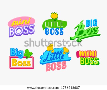 Mini Boss Banners or Labels Set. Kids Design with Colorful Typography for Baby Shower Party Invitation or Greeting Card Isolated on White Background. Cartoon Vector Illustration, Icon, Clip Art