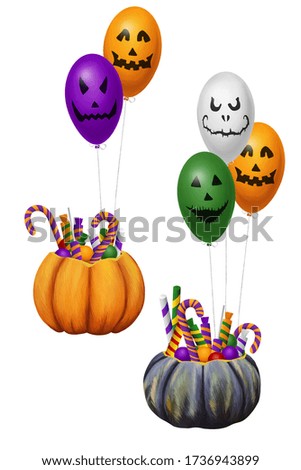 Bright cartoon Halloween party pumpkin basket with caramel, lollypop and Jack- ballons. Clip art set isolated on white 
