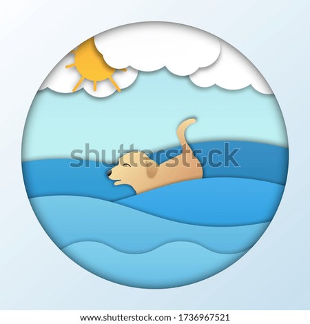 Happy dog swim in the sea on sunny day. Sun and Cloud appears. Paper cut art style, Minimal Vector illustration.